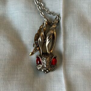 Steampunk Silver Rabbit Pendant Necklace with Red Accents